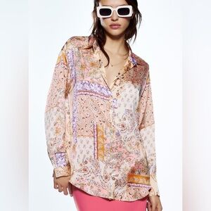 Zara Pink Paisley Silky button up blouse